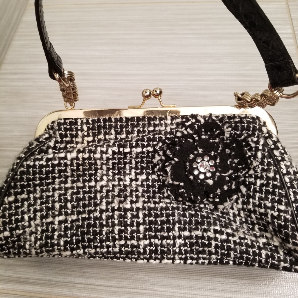 Liz Claiborne B&W tweed handbag with rhinestones